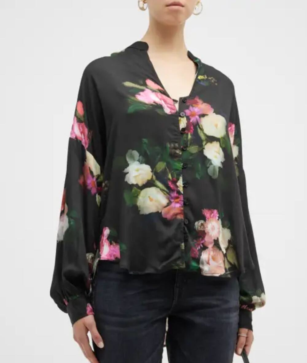 Finley Floral-Print Band Collar Silky Blouse in Black Size Small
